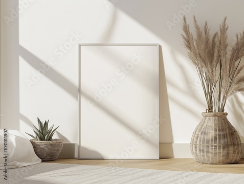 Home interior poster mock up with horizontal metal frame, succulents in basket and pile of books on white wall background. 3D rendering.