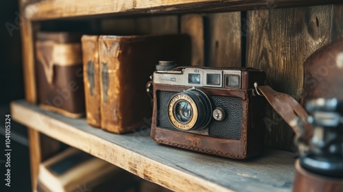 Vintage Camera on Wooden Shelf from Early 20th Century photo