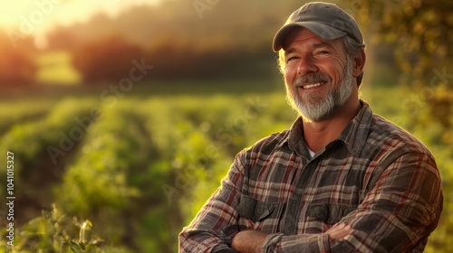 Middle aged caucasian farming smiling on his farm field