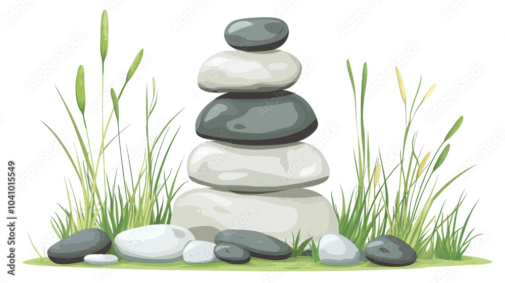 Obraz premium A serene arrangement of stacked stones with green grass, symbolizing balance and tranquility against a black backdrop.