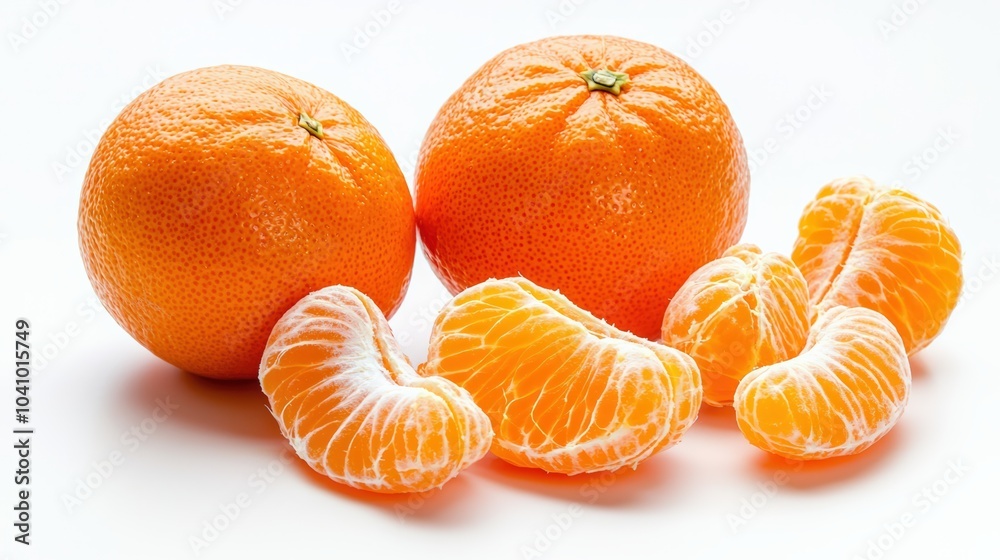 Two oranges and one orange slice are on a white background Two oranges and one orange slice are on a white background