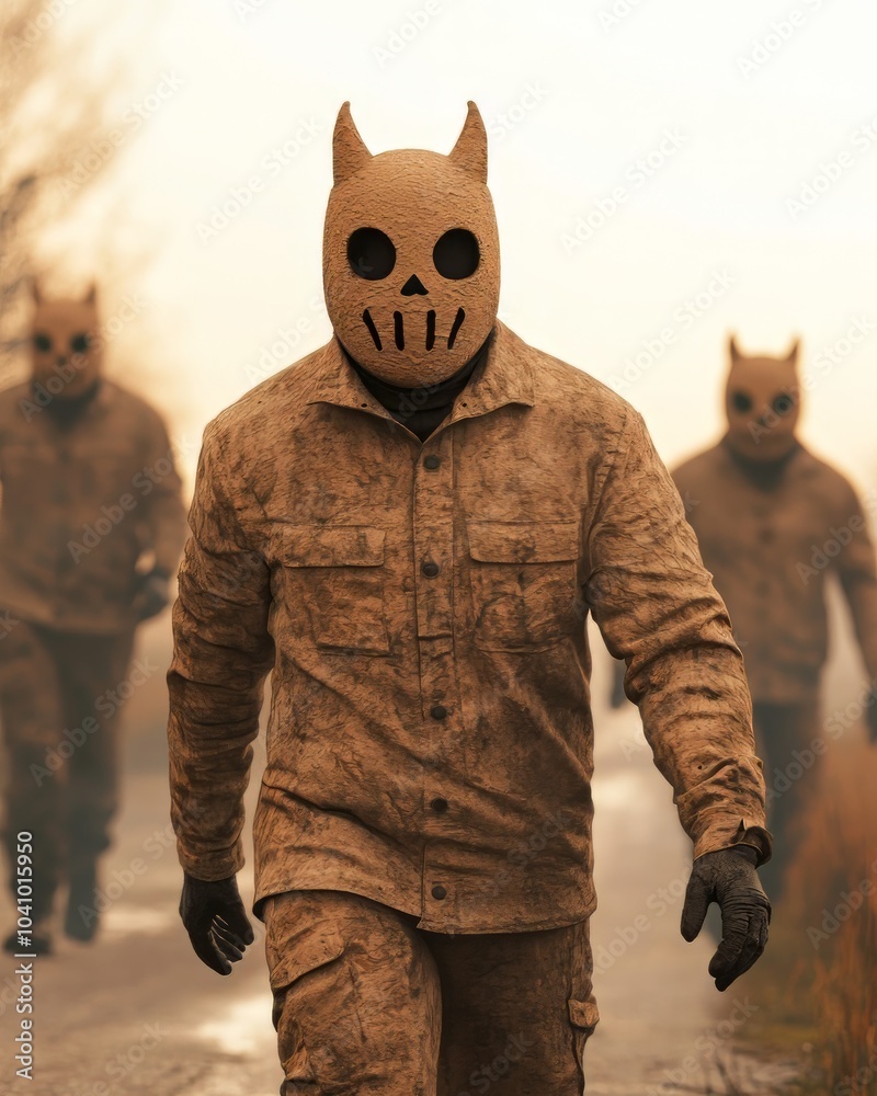Figures in masks walking through fog, creating an eerie atmosphere. Figures in masks walking through fog, creating an eerie atmosphere.
