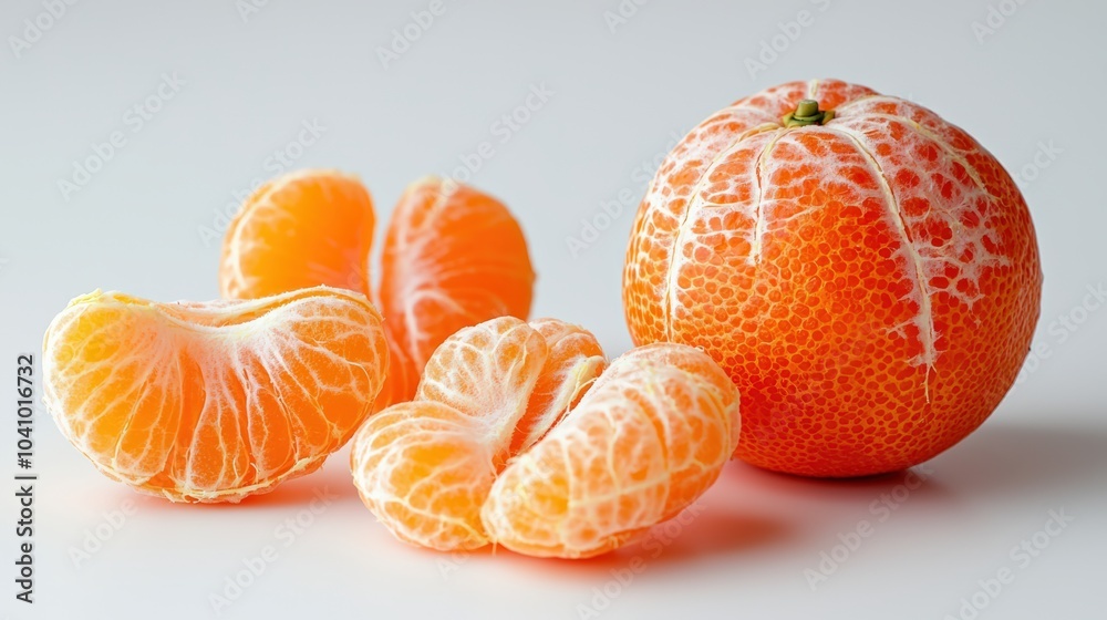 A small orange with a green stem sits on a white table A small orange with a green stem sits on a white table