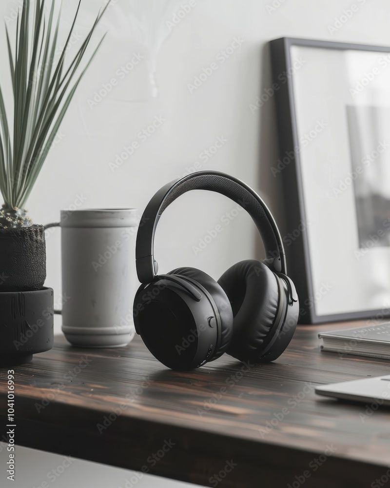 Modern Desk Setup with Premium Headphones Modern Desk Setup with Premium Headphones