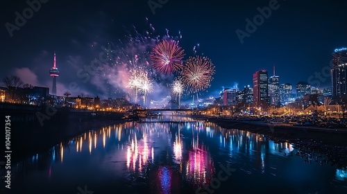 Nighttime Fireworks Display Over City Skyline Reflected in Water