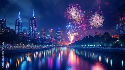 Night City Skyline with Fireworks Display Reflecting on River