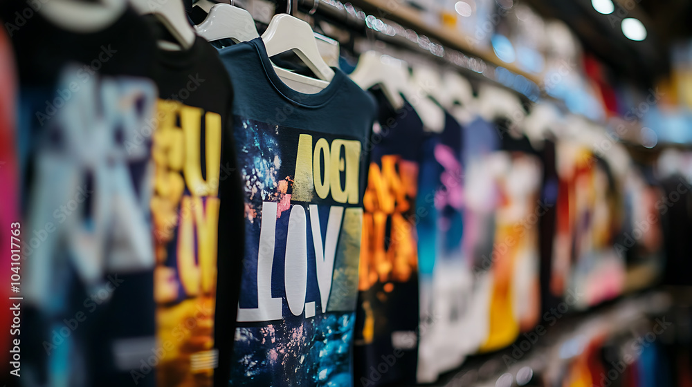 Fototapeta premium Stylish T shirts with vibrant love messages displayed in store