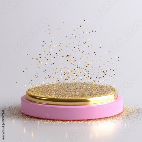 Abstract pink and gold podium, reflective surfaces and floating golden dust, ultraluxury photo