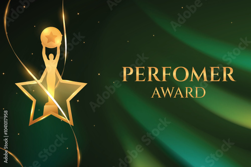 Golden Premium Luxury Award On Green Abstract Background. Grand Vibe Movie, Television Icon Award Celebration Concept Design Vector Illustration