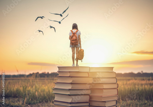 Journey of learning: student on book stack at sunset for education concept poster