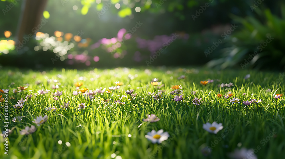 Fototapeta premium Lush green grass with blooming flowers creates serene garden atmosphere