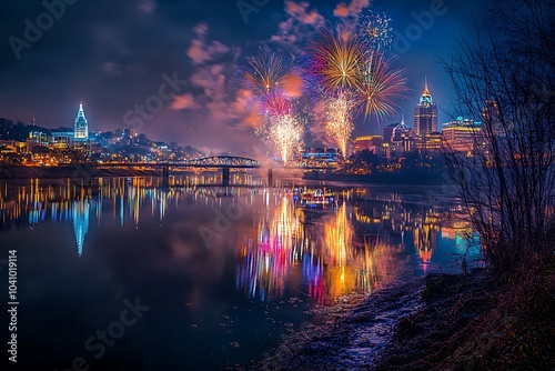 City Skyline Fireworks Display Over Water with Bridge