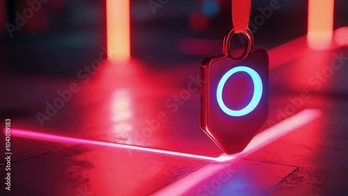 Neon Keychain with Glowing Blue Ring Symbol in a Red and Pink Ambient Light Environment, Perfect for Sci-Fi, Tech, and Modern Design Concepts