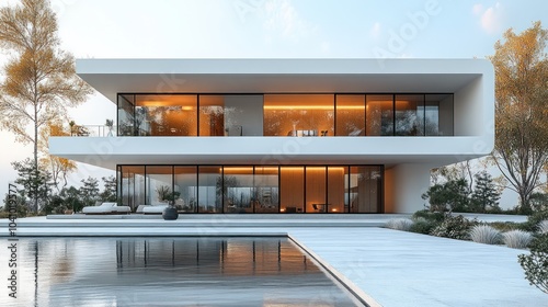 Modern minimalist house with large windows and serene surroundings.