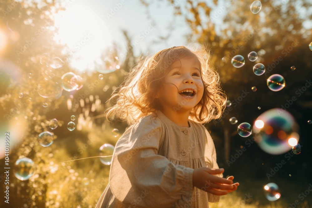 A child joyfully chasing and catching bubbles in a bright sunny meadow of delight