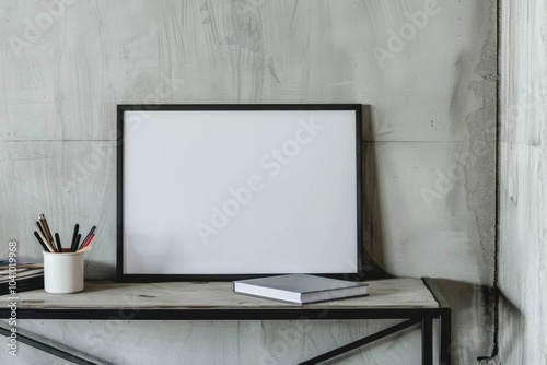 An empty frame rests atop a sleek industrial desk, complemented by stationery and a book, set against a raw concrete wall, embodying minimalist sophistication. photo