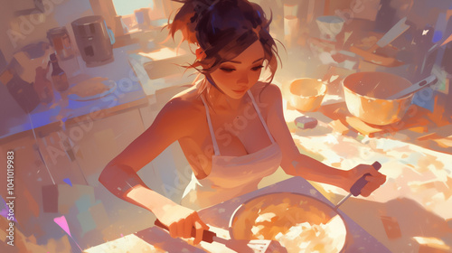 woman cooking in cozy kitchen at sunrise 