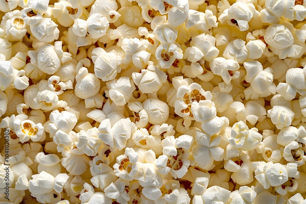 A close-up view of fluffy, popped popcorn scattered across a surface. A close-up view of fluffy, popped popcorn scattered across a surface.