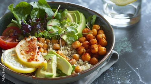 Fresh salad in a transparent glass bowl, showcasing vibrant greens and vegetables