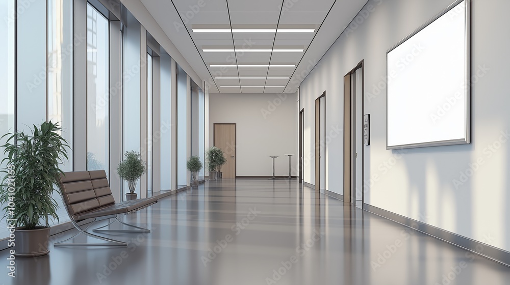 Front view on blank white poster on wall background with place for your text in modern business office. Front view on blank white poster on wall background with place for your text in modern business office.