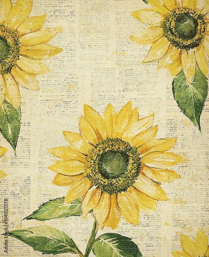 Whimsical Watercolor Sunflowers with Vintage Beige Newsprint
