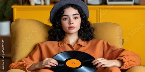 Young Woman in Beret Holding Vinyl Record in Cozy Living Room