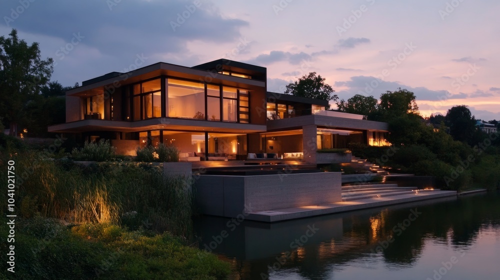 A contemporary house by the river during twilight, showcasing a beautiful balance of nature and modern design. A contemporary house by the river during twilight, showcasing a beautiful balance of nature and modern design.