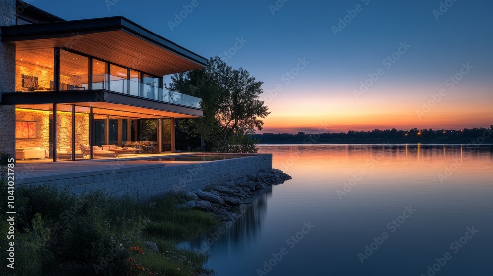 A contemporary house by the river during twilight, showcasing a beautiful balance of nature and modern design. A contemporary house by the river during twilight, showcasing a beautiful balance of nature and modern design.