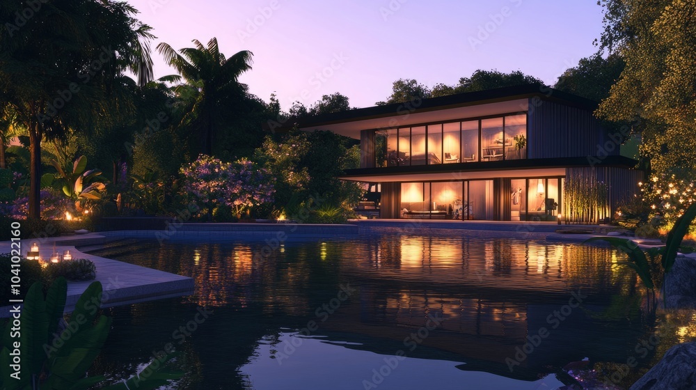 A modern house by the river, with an infinity pool reflecting the evening sky and ambient garden lights. A modern house by the river, with an infinity pool reflecting the evening sky and ambient garden lights.