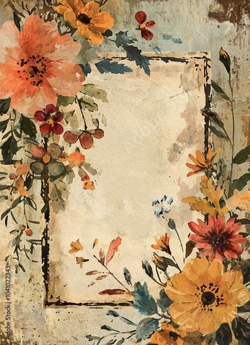 Elegant Watercolor Autumn Floral Frame with Wildflowers in Shabby Chic Beige