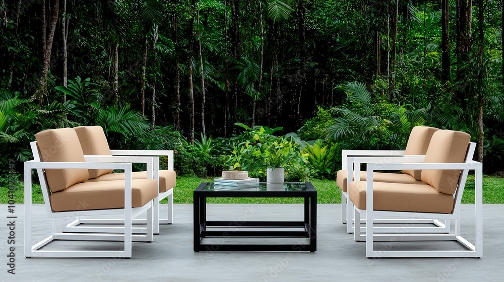 Modern Patio Furniture Set with Swivel Chairs and Glass Top Table in a Lush Tropical Garde Modern Patio Furniture Set with Swivel Chairs and Glass Top Table in a Lush Tropical Garde