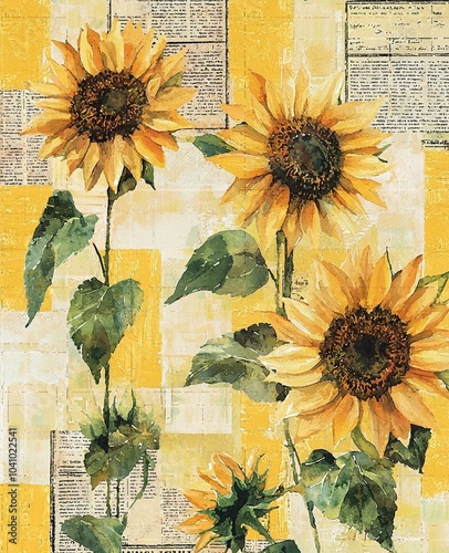 Whimsical Watercolor Sunflowers with Vintage Beige Newsprint