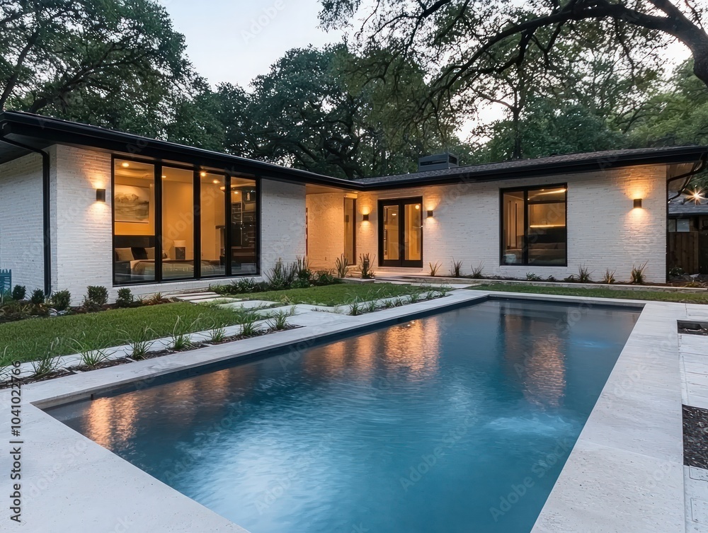 Fototapeta premium Modern Architecture Meets Tranquility A Stunning Home with Pool and Serenity in Design
