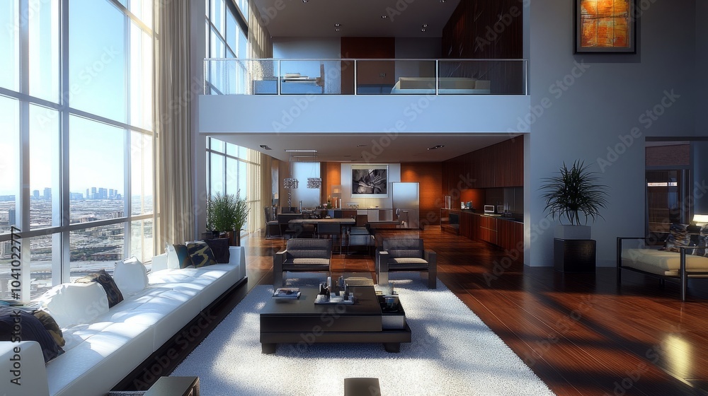 A spacious modern living room with a high ceiling, showcasing a stylish mezzanine, large windows, and contemporary furnishings