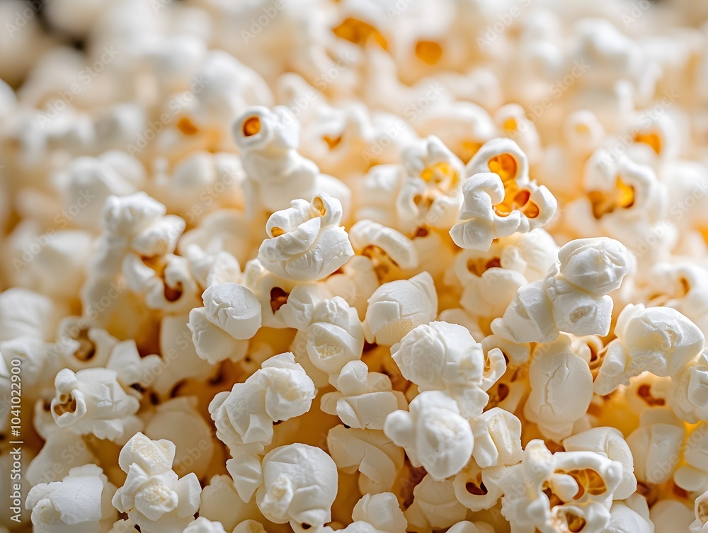 A close-up view of fluffy, popped popcorn, perfect for snacking during movies. A close-up view of fluffy, popped popcorn, perfect for snacking during movies.