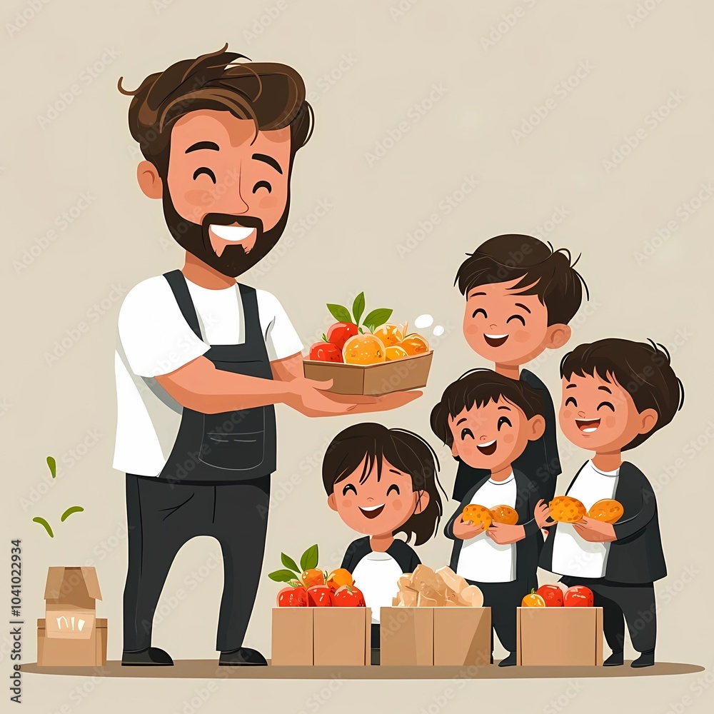 A flat illustration of a volunteer handing food to a group of smiling orphans at a shelter, with clean lines and warm colors, symbolizing care, compassion, and kindness A flat illustration of a volunteer handing food to a group of smiling orphans at a shelter, with clean lines and warm colors, symbolizing care, compassion, and kindness