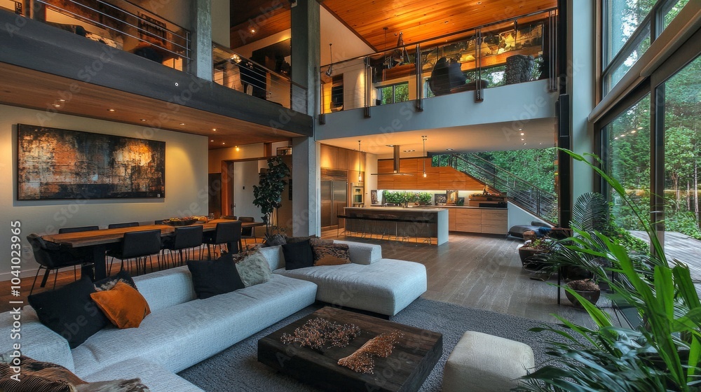 Cozy living room with a high ceiling and a modern mezzanine, highlighted by a contemporary color palette and decor