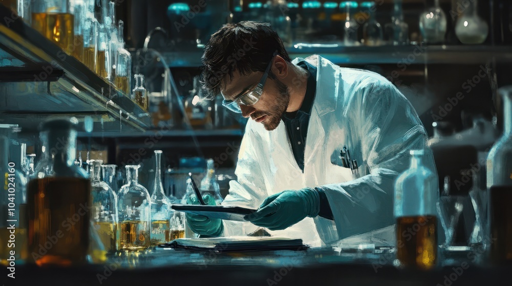 A scientist is writing on a tablet in a lab. The lab is filled with various glass bottles and vials, and the scientist is wearing a lab coat and gloves. Scene is serious and focused A scientist is writing on a tablet in a lab. The lab is filled with various glass bottles and vials, and the scientist is wearing a lab coat and gloves. Scene is serious and focused