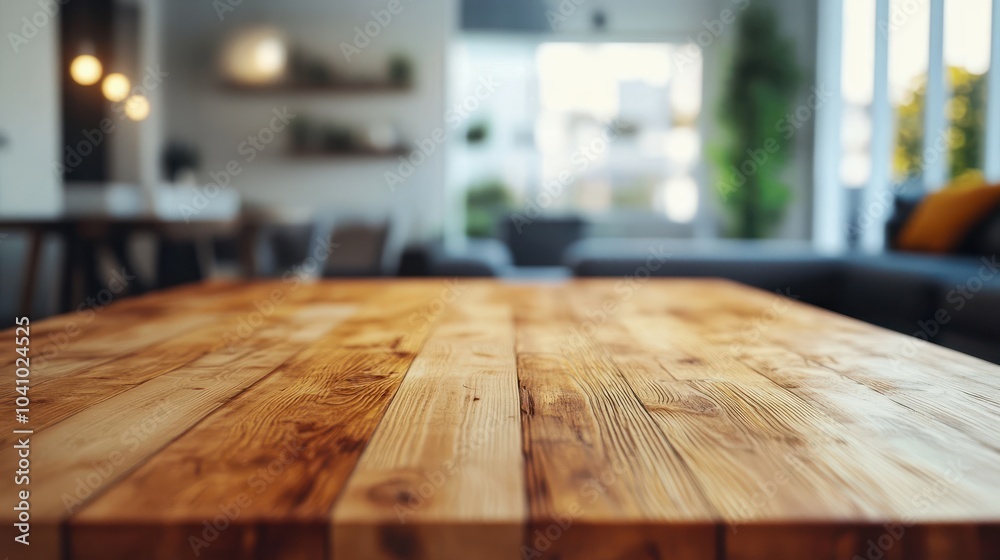 A wooden dining table is showcased in a modern living room. The table is in focus, with the surrounding furniture blurred in the background, capturing a sense of depth