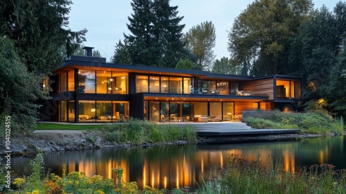 Evening scene of a riverside modern house, featuring a blend of wood and glass, surrounded by natural beauty.