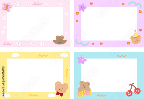 Cute pastel frame set with teddy bear, cherry, star for background, wallpaper, backdrop, polaroid frame, photo card, banner, rectangle ad template, animal print, zoo, souvenir shop, birthday card