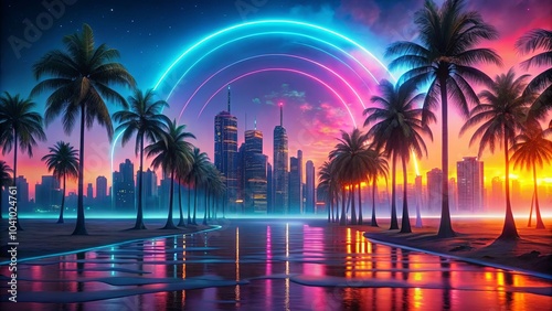 A vibrant coastal city skyline with a glowing halo and palm trees reflected in the water
