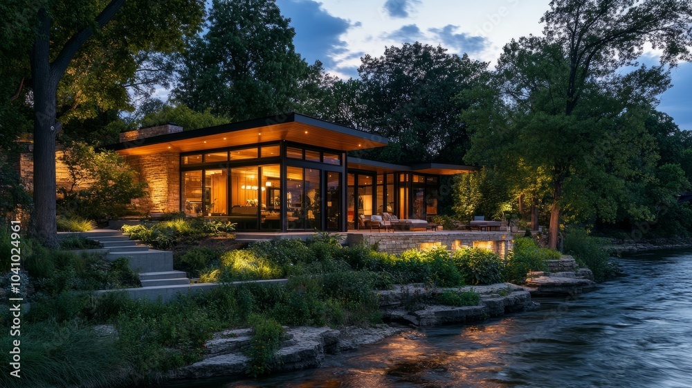 Modern architectural design of a house by the river at dusk, surrounded by lush greenery and soft landscape lighting. Modern architectural design of a house by the river at dusk, surrounded by lush greenery and soft landscape lighting.