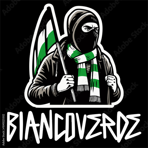 Illustration Vector Football Fans ultras hooligan style  Hold Green White Flag design for t-shirt, sticker, etc