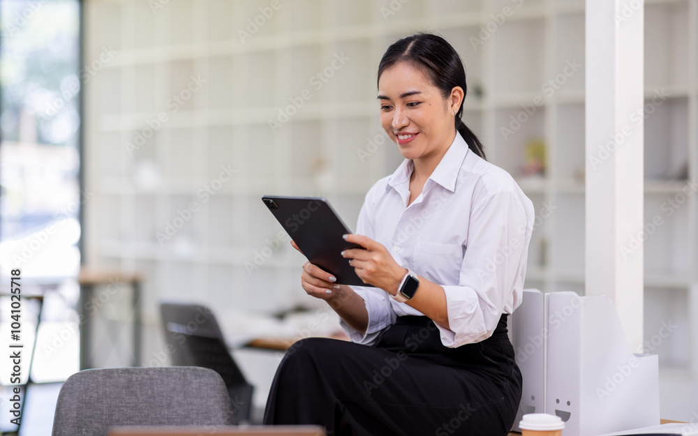 Female Business Asian holding tablet laptop and steanding in the workplace, concept of business accounting documents planning finance analysis and report,
Female Business Asian holding tablet laptop and steanding in the workplace, concept of business accounting documents planning finance analysis and report,
