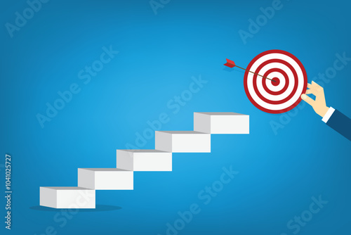 Goal, motivation to success. Business improvement concept. Climb up stairs to reach goal target on the top.	