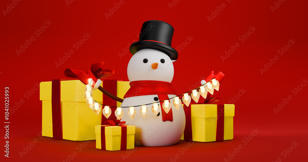 Snowmen 3d new year 2025 christmas gift box black hat and garland in the hand isolated red background Snowmen 3d new year 2025 christmas gift box black hat and garland in the hand isolated red background