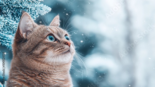 Cute Cat Looking Up in Snowy Winter Forest