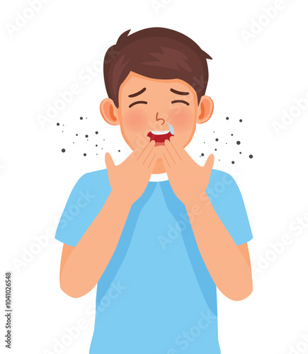 Young man with allergy having flu sneezing  and runny nose