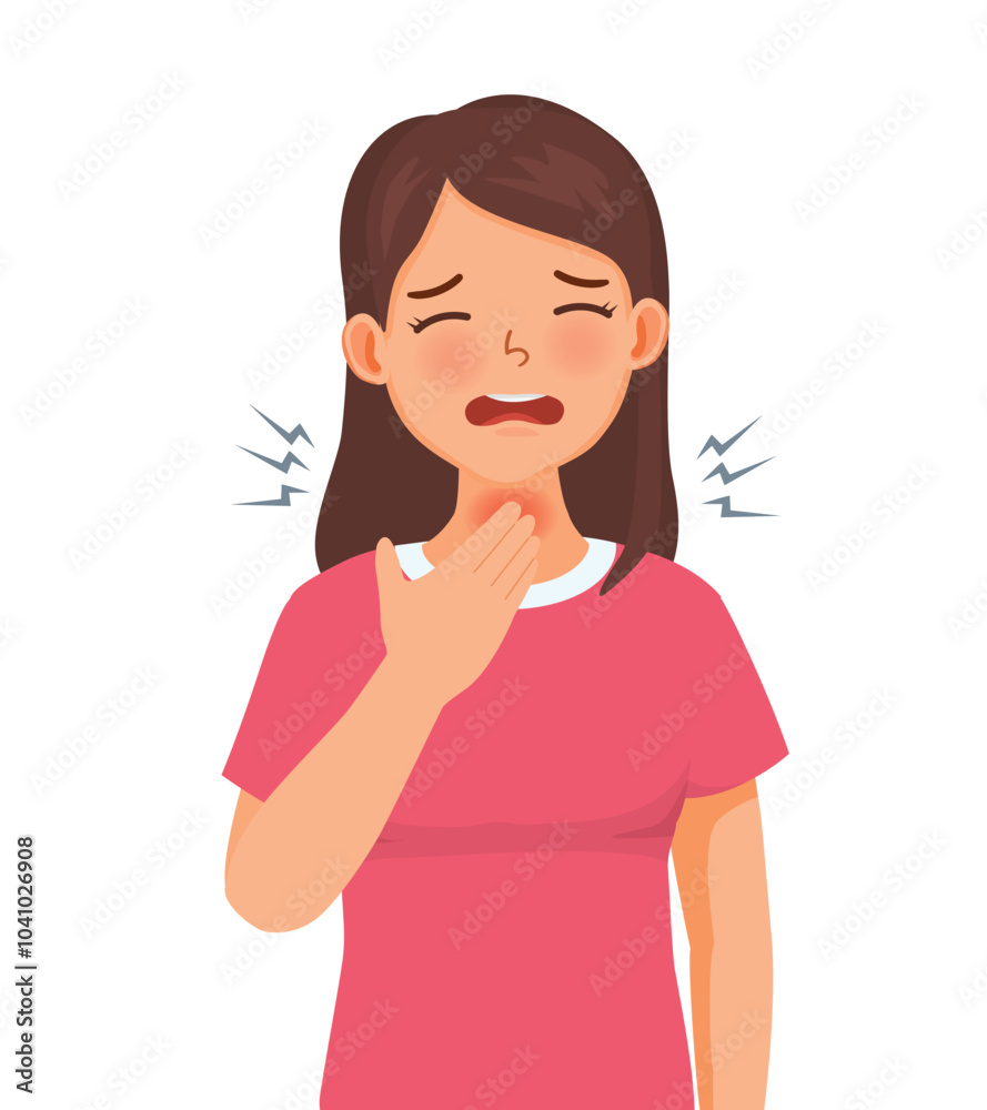 Young woman having sore throat as symptom of viral infection, cough, allergy, influenza, cold and fever Young woman having sore throat as symptom of viral infection, cough, allergy, influenza, cold and fever